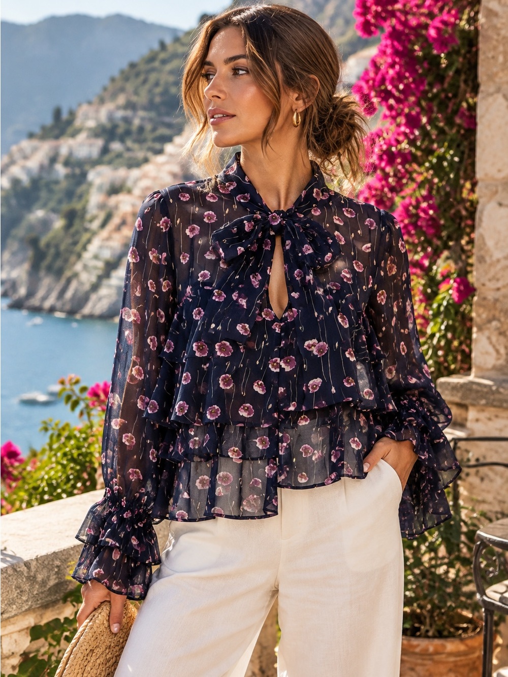MISA LOS ANGELES Blue Floral Semi-sheer Keyhole Neck Opening Ruffled Blouse, M